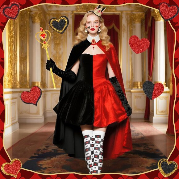 Queen of Hearts Costume Set for Women Red and Black Includes Cloak Crown - Picture 6 of 7
